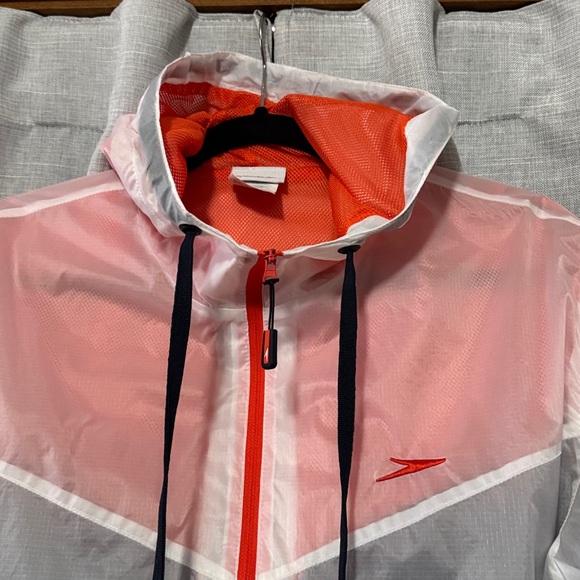 Men’s Speedo Nylon Jacket-S-Sheer with Mesh Underlay-White/Orange/Black-Hood-EUC - Picture 4 of 12